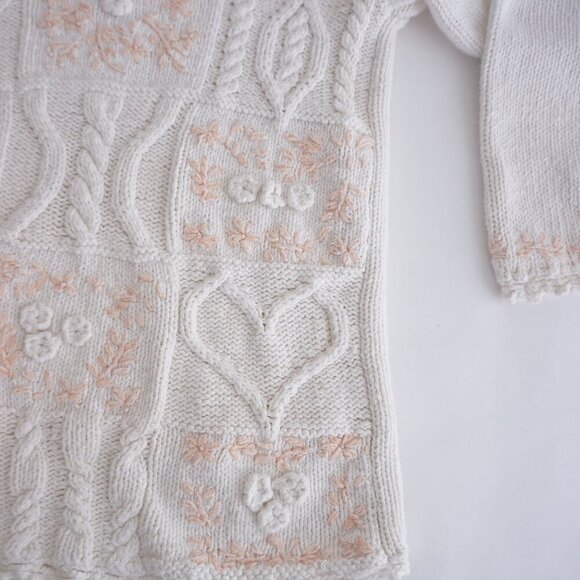 Vintage Sympatico Sportswear Cream w Peach Cable Knit Hearts Floral Sweater S - Picture 6 of 11